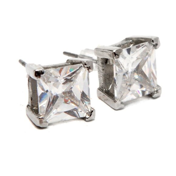 Cubic Zirconia CZ Clear Stud Earrings Square Cut Gems Silver - Picture 1 of 7